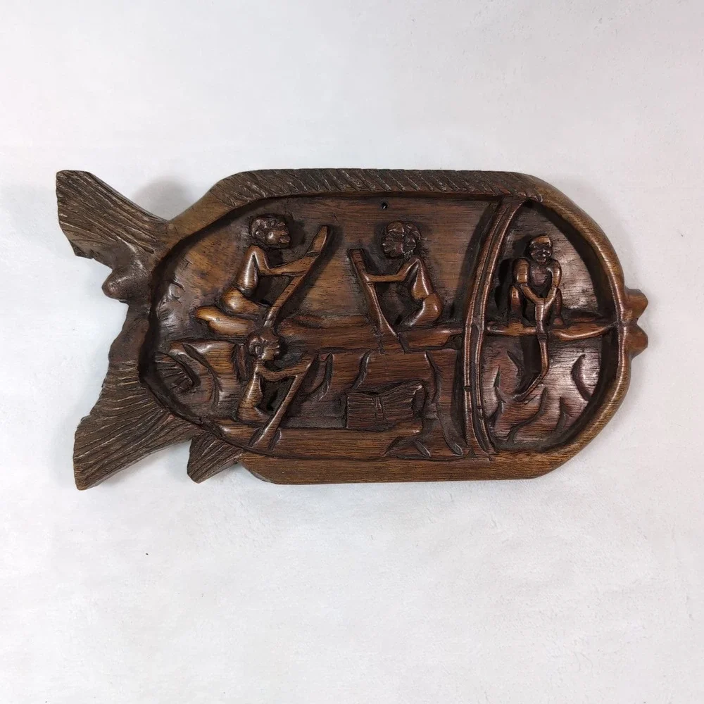 Hand Carved Wood Fishing Scene Wall Art – Primitive Tribal Relief Plaque – Boho